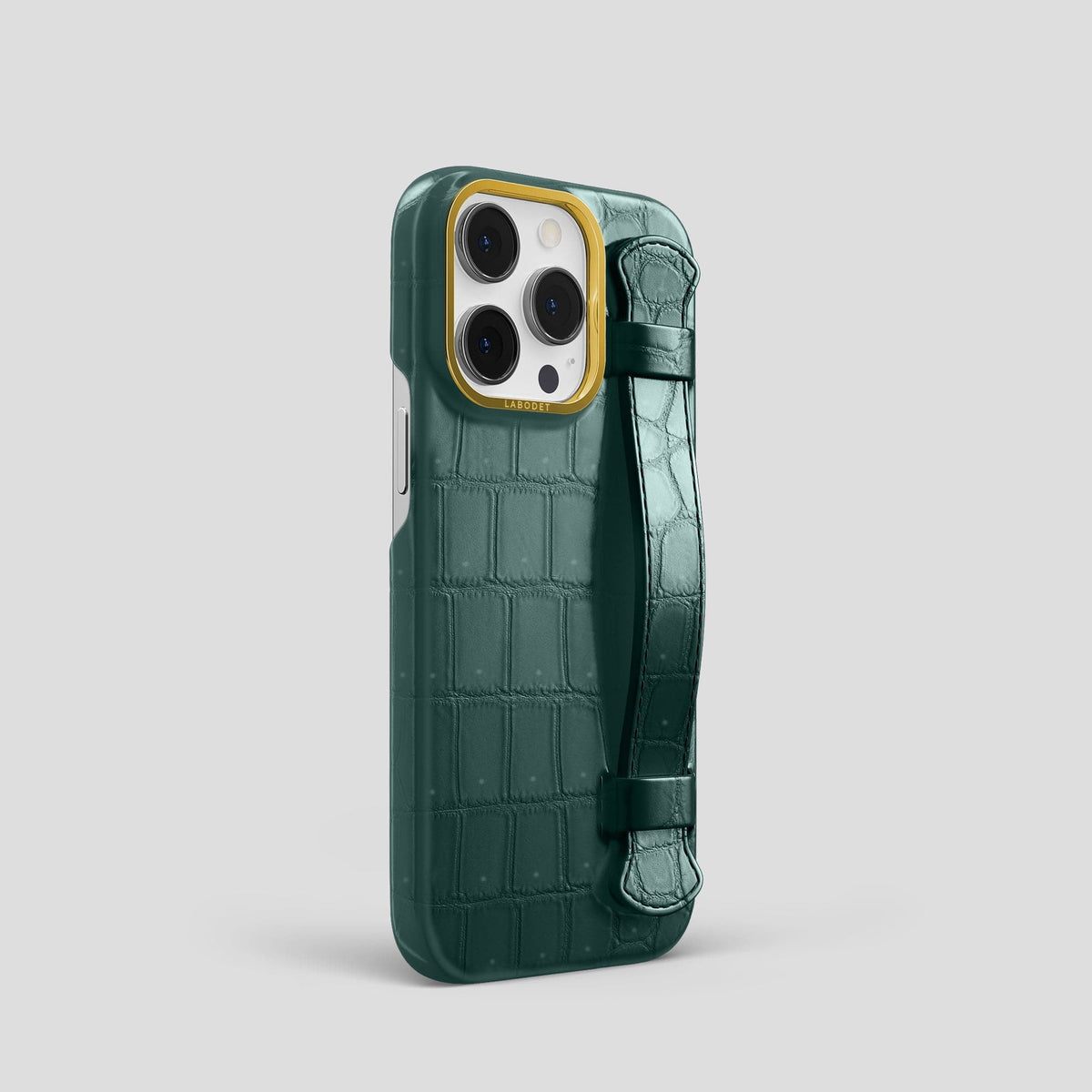 Dark-Forest iPhone 15 Pro Strap Case Porosus Crocodile with Gold Metal -2 | Dark-Forest-Gold