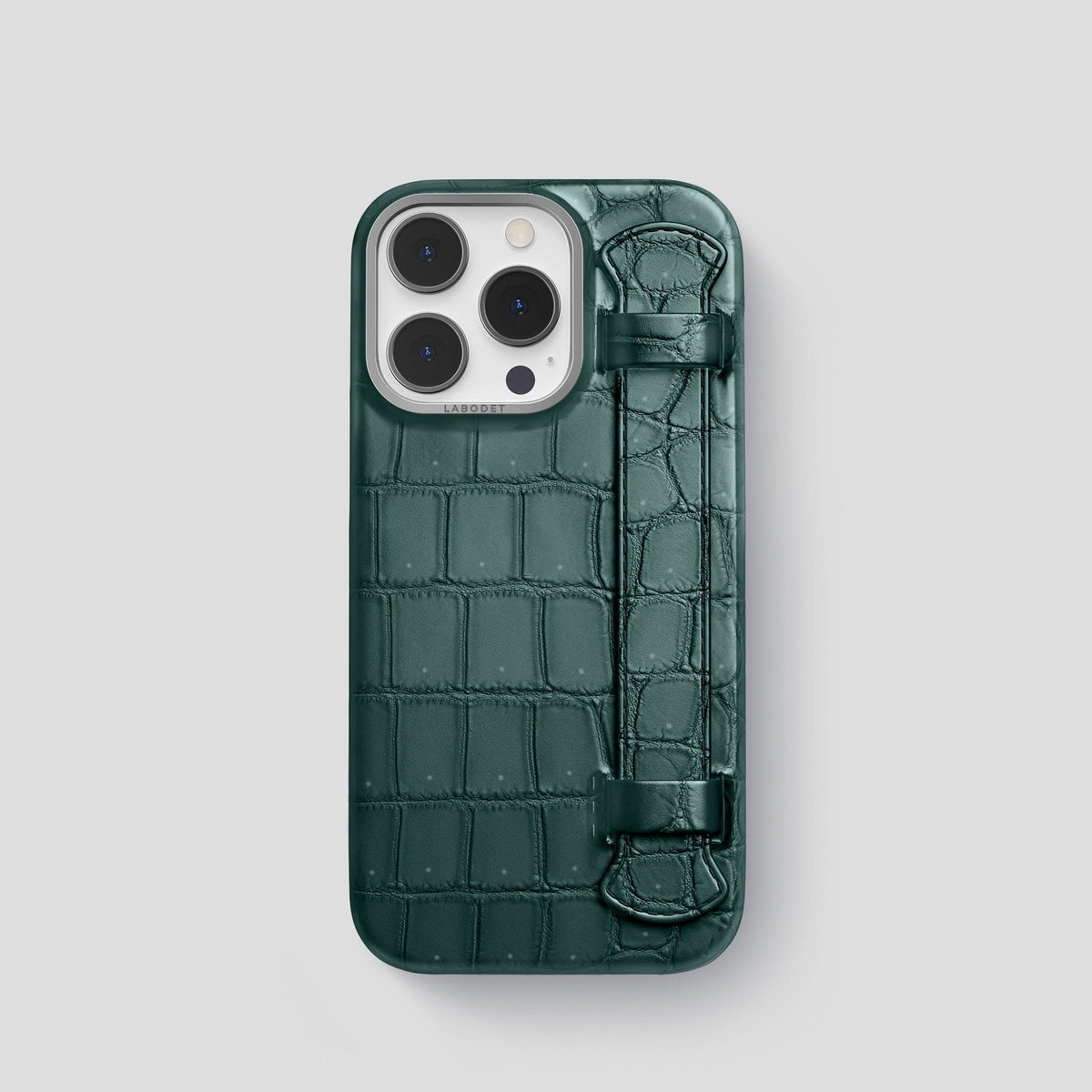 Dark-Forest iPhone 15 Pro Strap Case Porosus Crocodile with Steel Metal -1 | Dark-Forest-Steel
