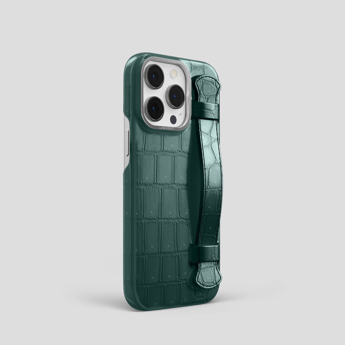 Dark-Forest iPhone 15 Pro Strap Case Porosus Crocodile with Steel Metal -2 | Dark-Forest-Steel