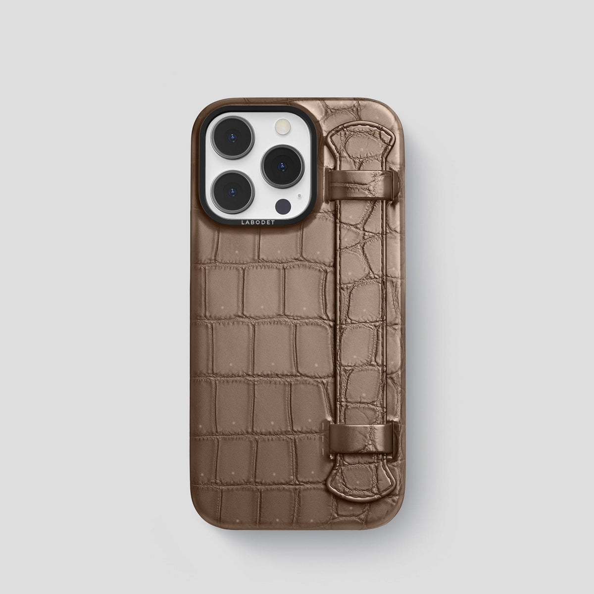 Fur-Brown iPhone 15 Pro Strap Case Porosus Crocodile with Black Metal -1 | Fur-Brown-Black