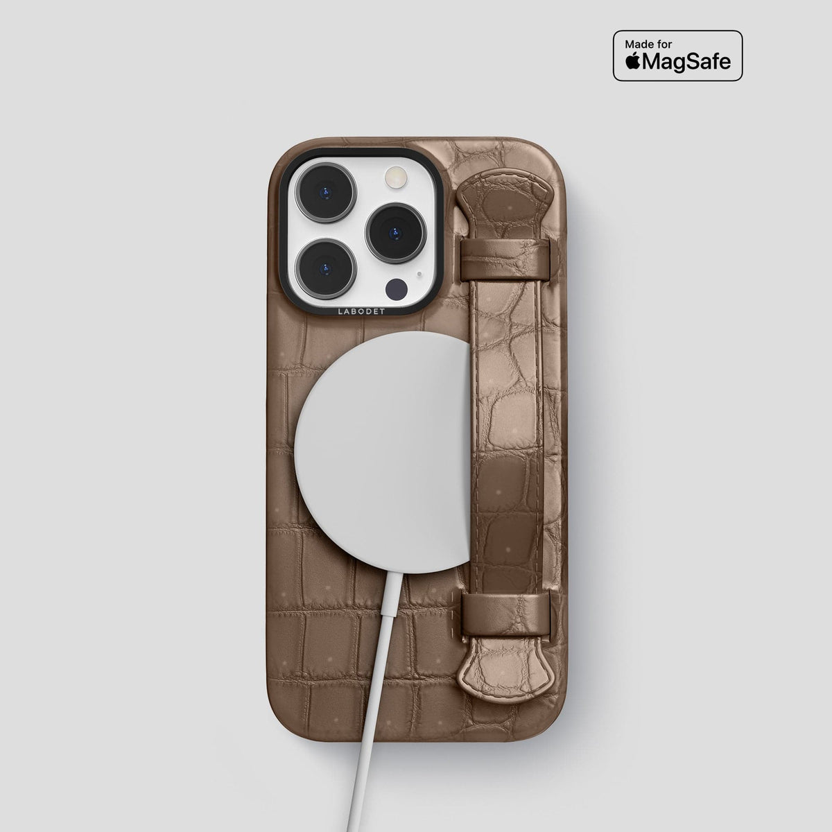 Fur-Brown iPhone 15 Pro Strap Case Porosus Crocodile with Black Metal -5 | Fur-Brown-Black