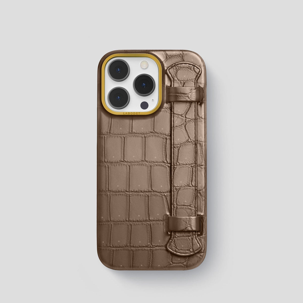 Fur-Brown iPhone 15 Pro Strap Case Porosus Crocodile with Gold Metal -1 | Fur-Brown-Gold