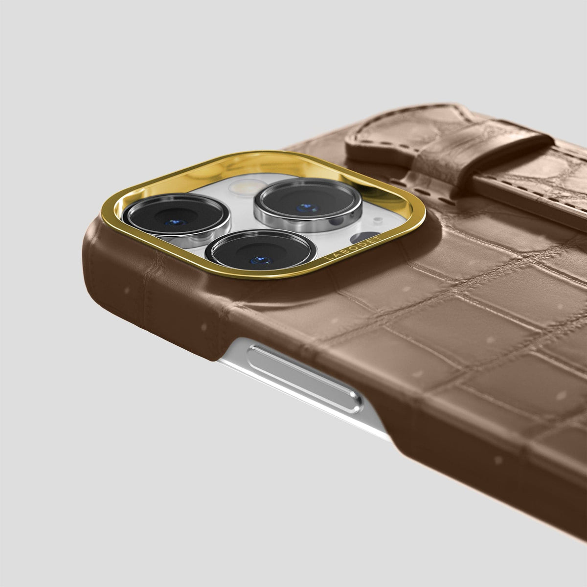 Fur-Brown iPhone 15 Pro Strap Case Porosus Crocodile with Gold Metal -6 | Fur-Brown-Gold