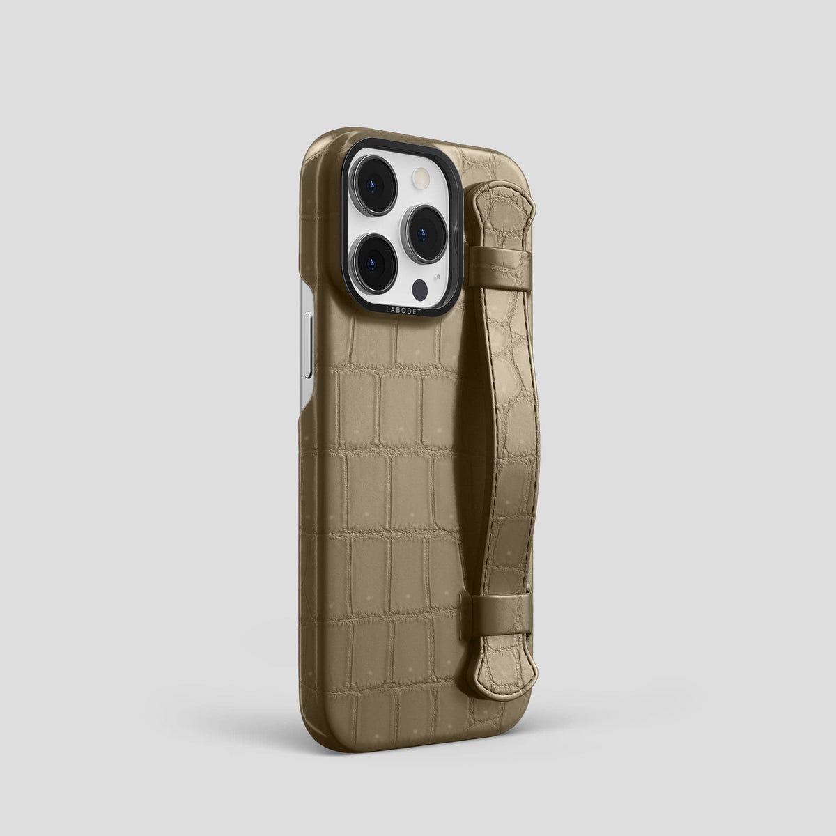 Kaki-Green iPhone 15 Pro Strap Case Porosus Crocodile with Black Metal -2 | Kaki-Green-Black
