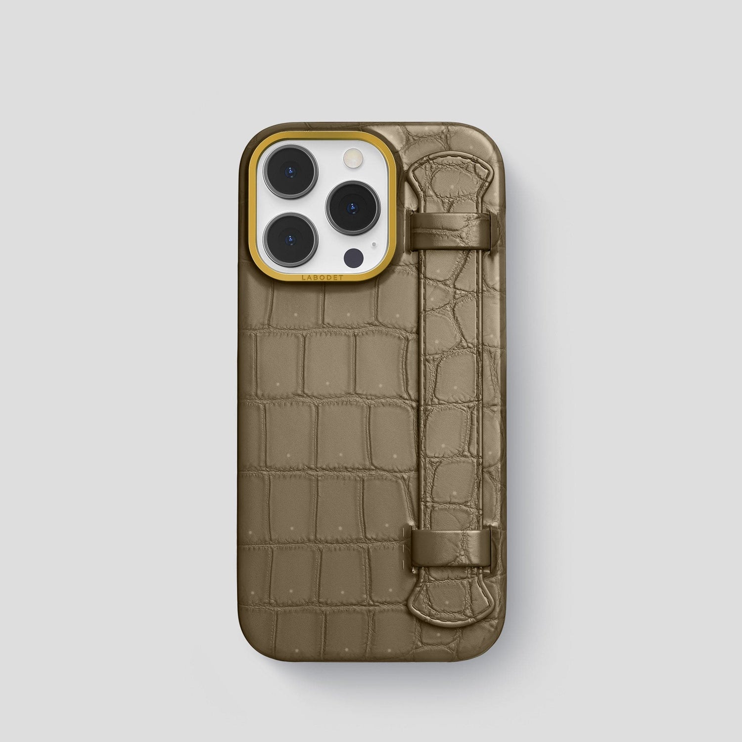Kaki-Green iPhone 15 Pro Strap Case Porosus Crocodile with Gold Metal -1 | Kaki-Green-Gold