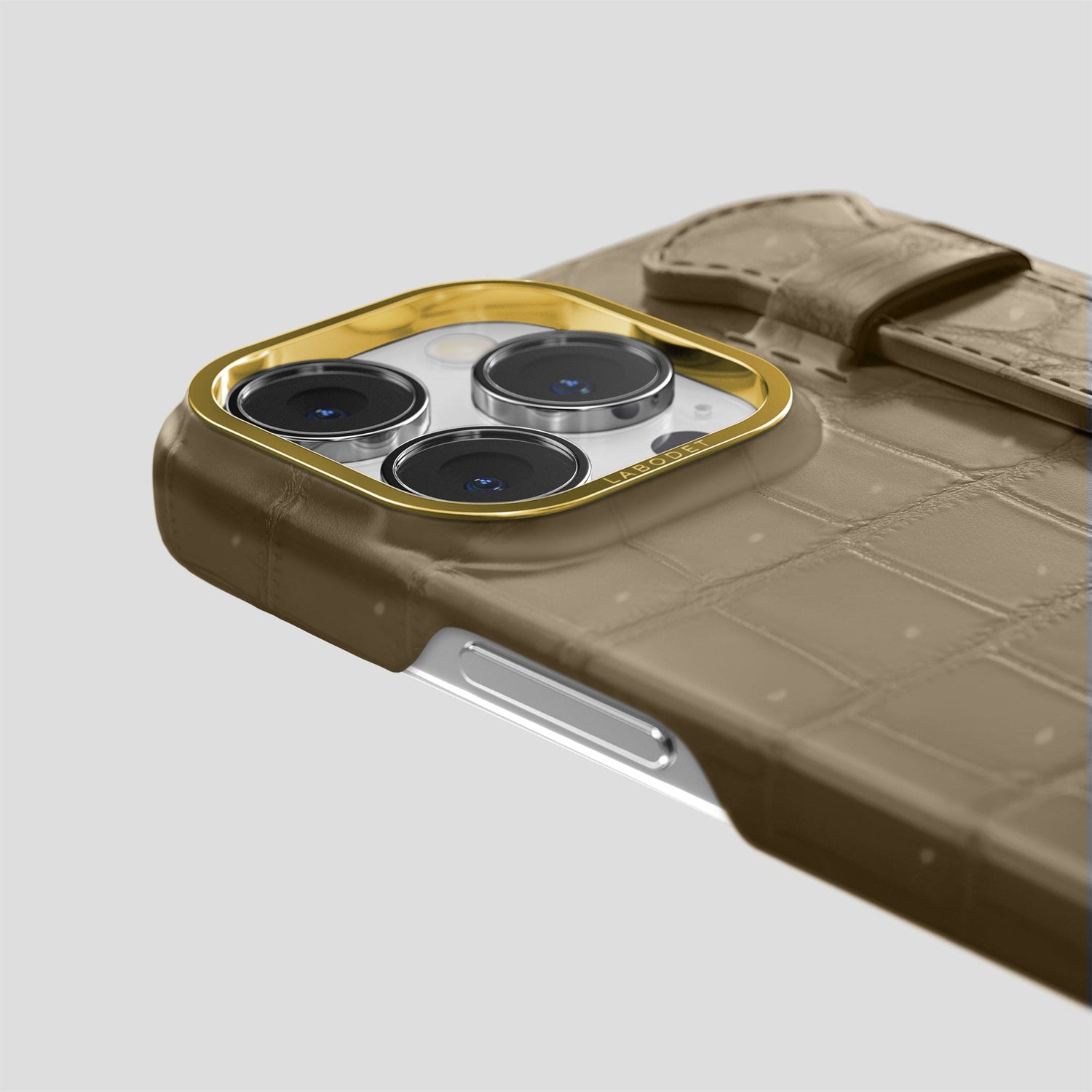 Kaki-Green iPhone 15 Pro Strap Case Porosus Crocodile with Gold Metal -6 | Kaki-Green-Gold