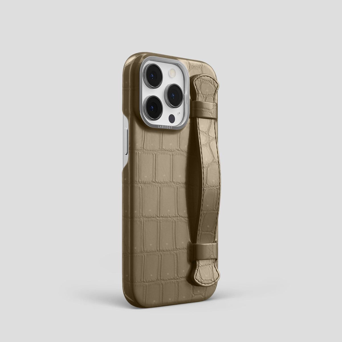 Kaki-Green iPhone 15 Pro Strap Case Porosus Crocodile with Steel Metal -2 | Kaki-Green-Steel
