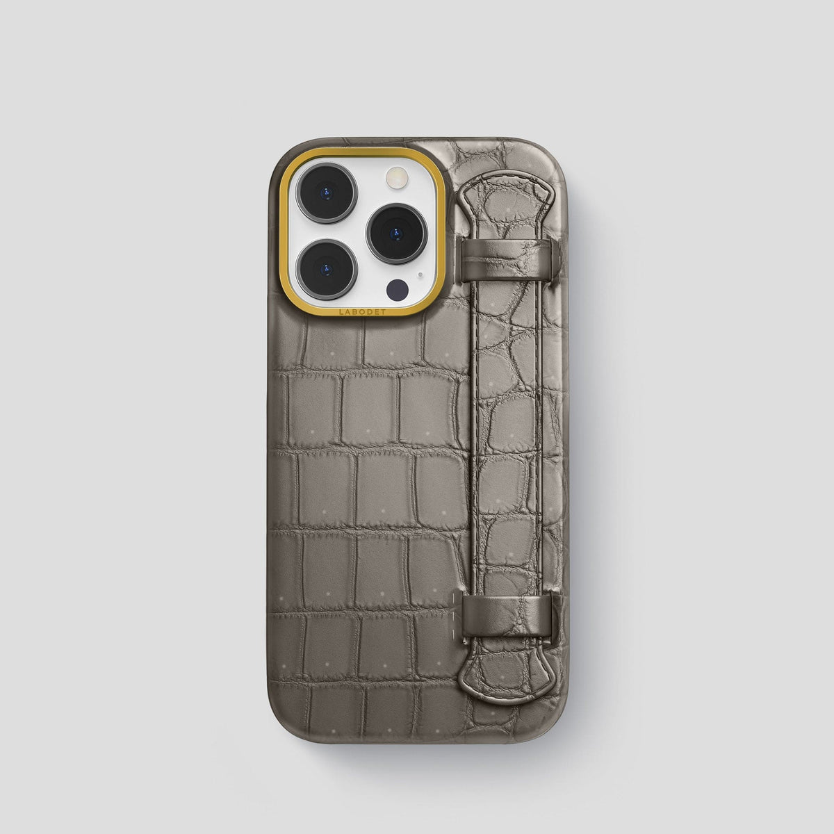 Lava-Stone iPhone 15 Pro Strap Case Porosus Crocodile with Gold Metal -1 | Lava-Stone-Gold
