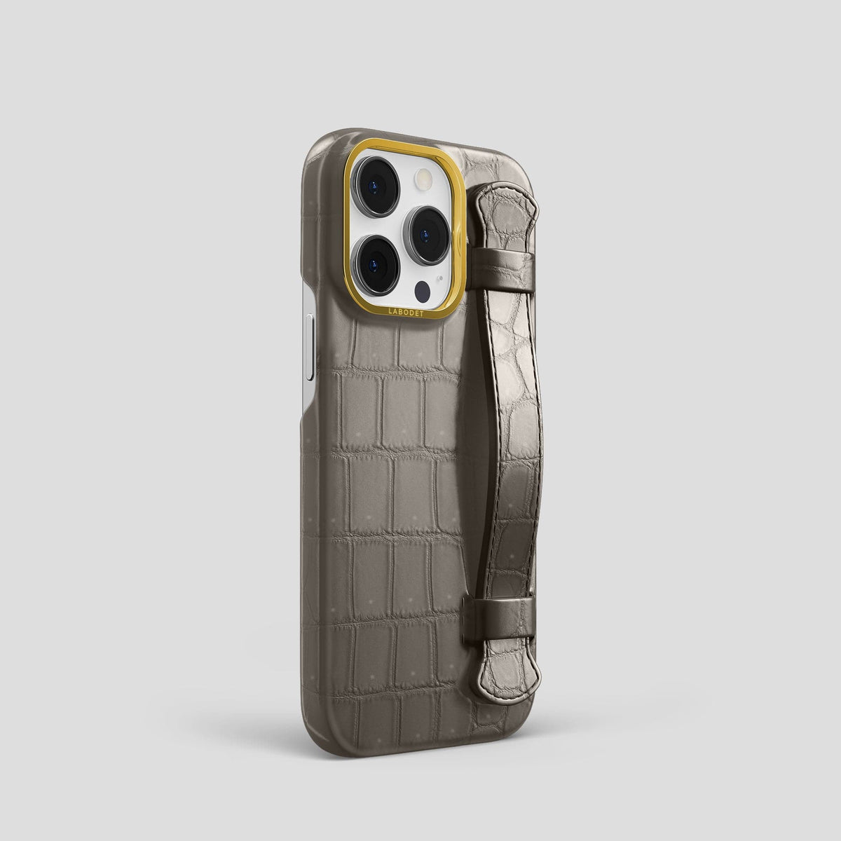 Lava-Stone iPhone 15 Pro Strap Case Porosus Crocodile with Gold Metal -2 | Lava-Stone-Gold