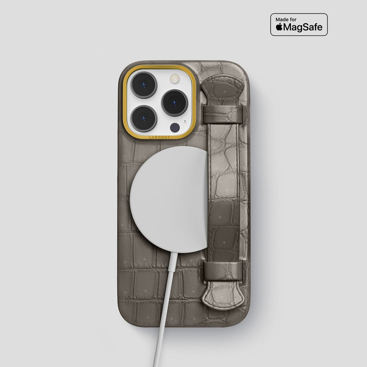 Lava-Stone iPhone 15 Pro Strap Case Porosus Crocodile with Gold Metal -5 | Lava-Stone-Gold