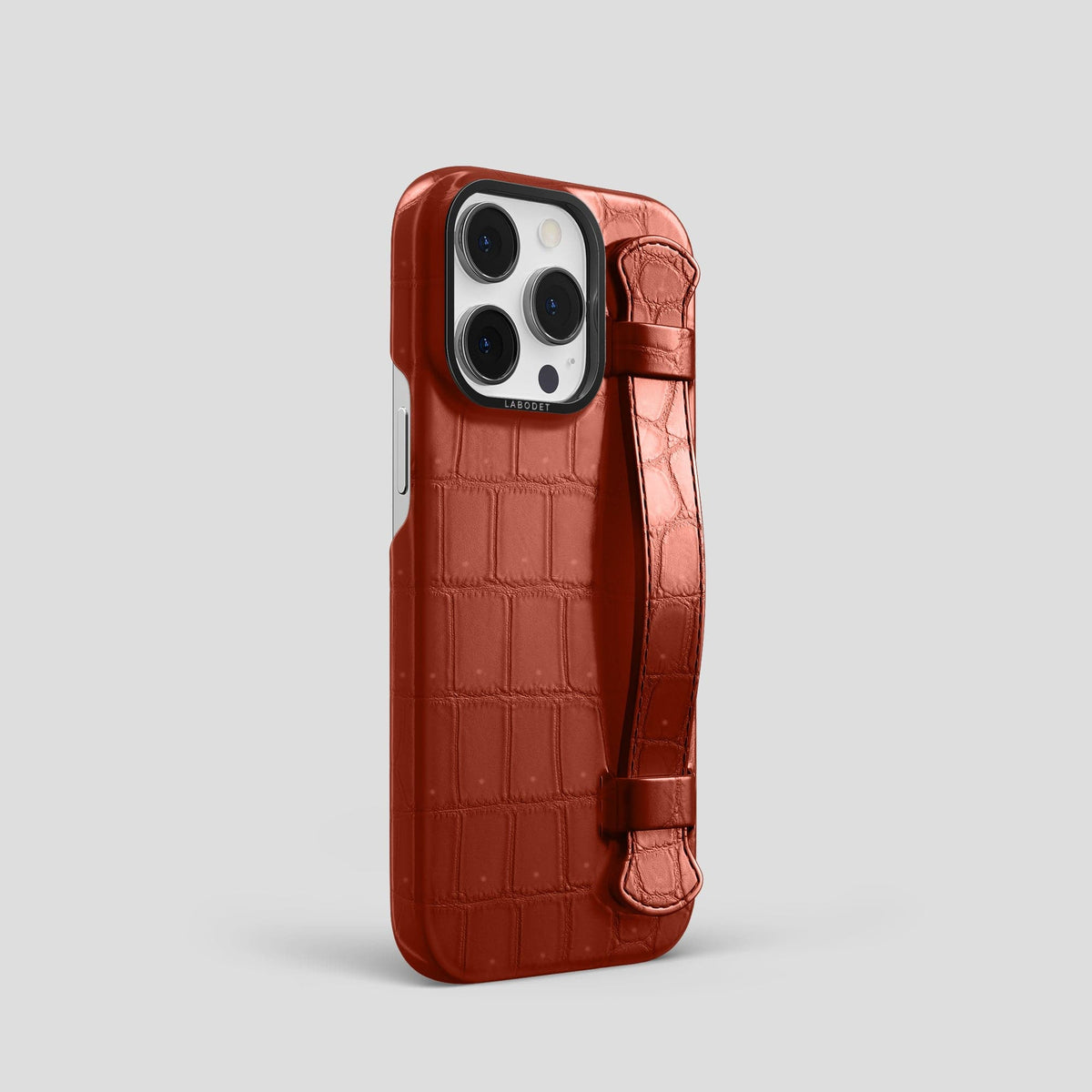 Mahogany-Brown iPhone 15 Pro Strap Case Porosus Crocodile with Black Metal -2 | Mahogany-Brown-Black