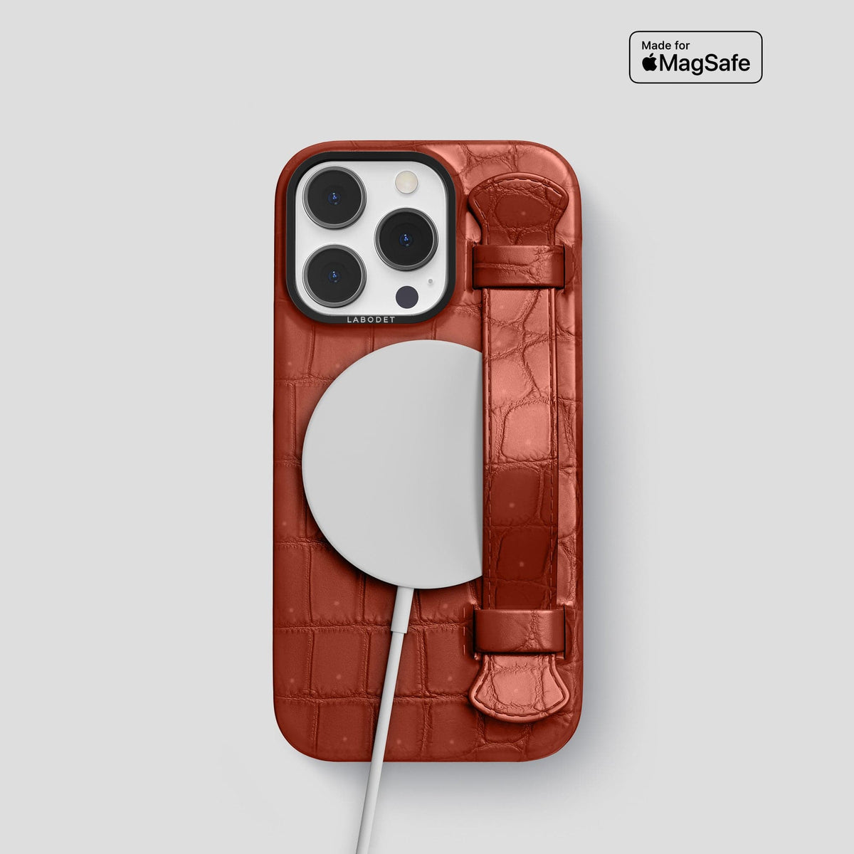 Mahogany-Brown iPhone 15 Pro Strap Case Porosus Crocodile with Black Metal -5 | Mahogany-Brown-Black