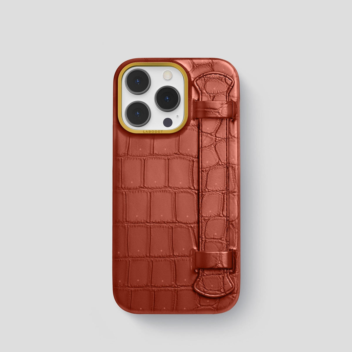 Mahogany-Brown iPhone 15 Pro Strap Case Porosus Crocodile with Gold Metal -1 | Mahogany-Brown-Gold