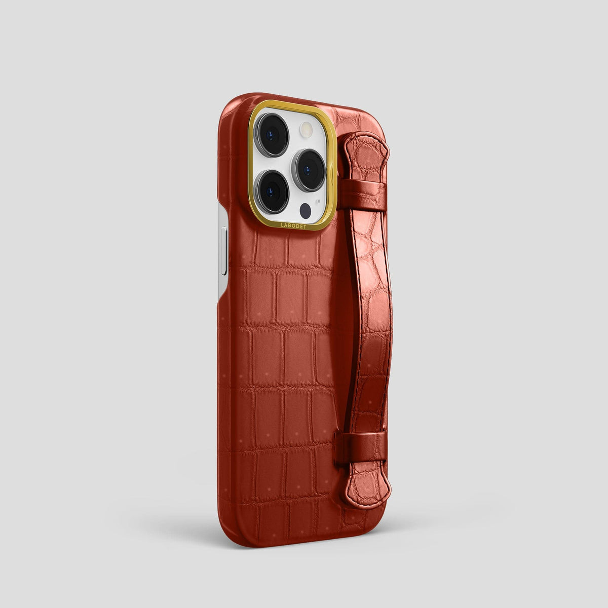 Mahogany-Brown iPhone 15 Pro Strap Case Porosus Crocodile with Gold Metal -2 | Mahogany-Brown-Gold