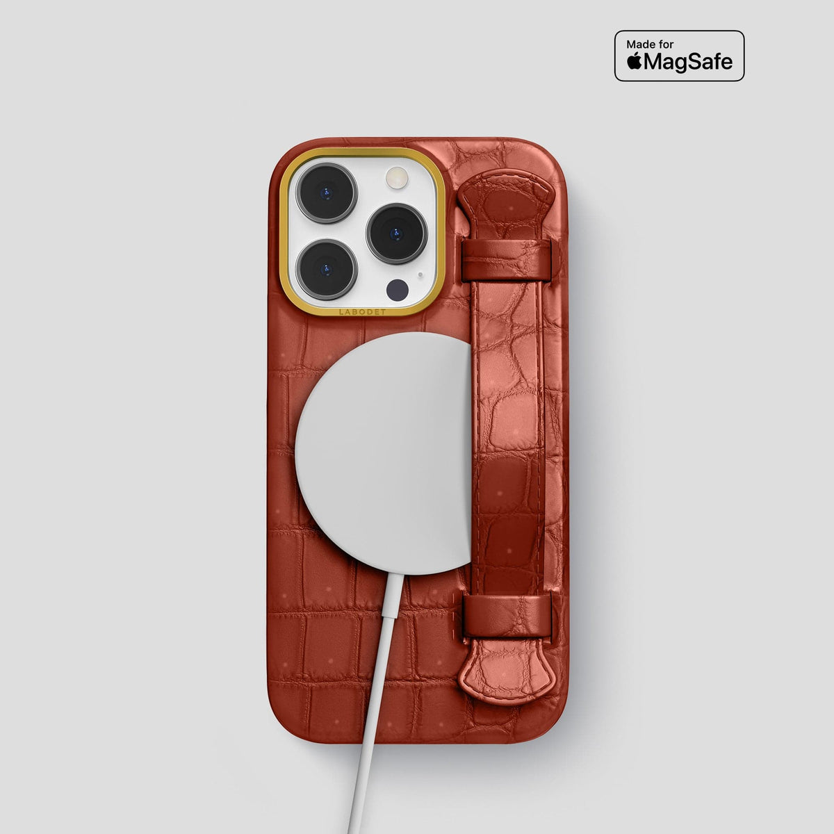 Mahogany-Brown iPhone 15 Pro Strap Case Porosus Crocodile with Gold Metal -5 | Mahogany-Brown-Gold