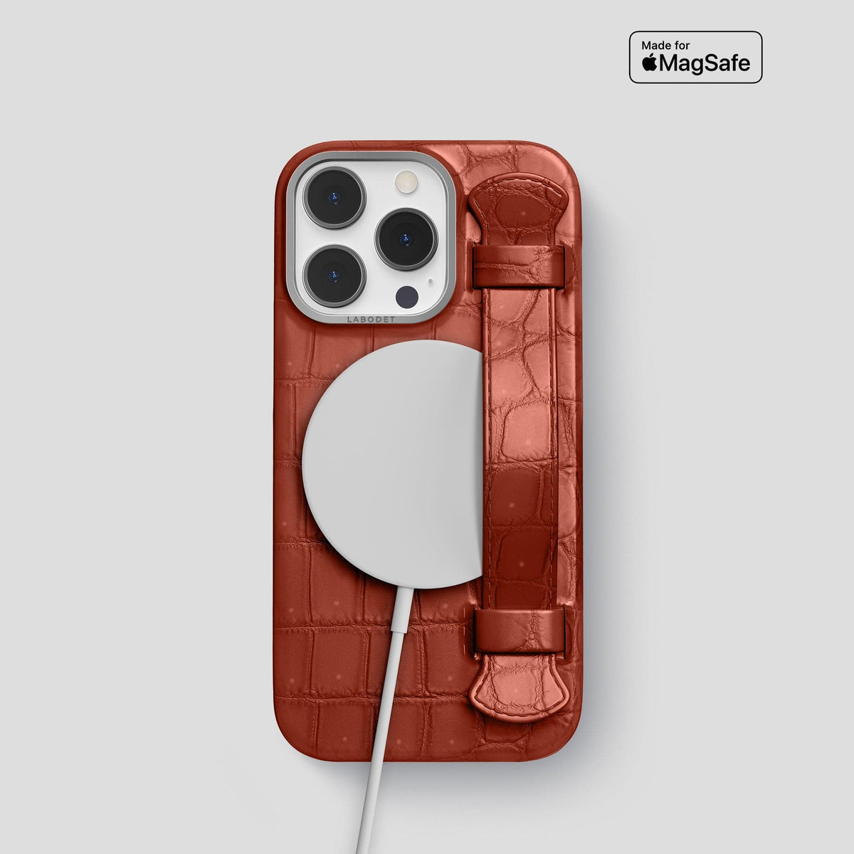 Mahogany-Brown iPhone 15 Pro Strap Case Porosus Crocodile with Steel Metal -5 | Mahogany-Brown-Steel