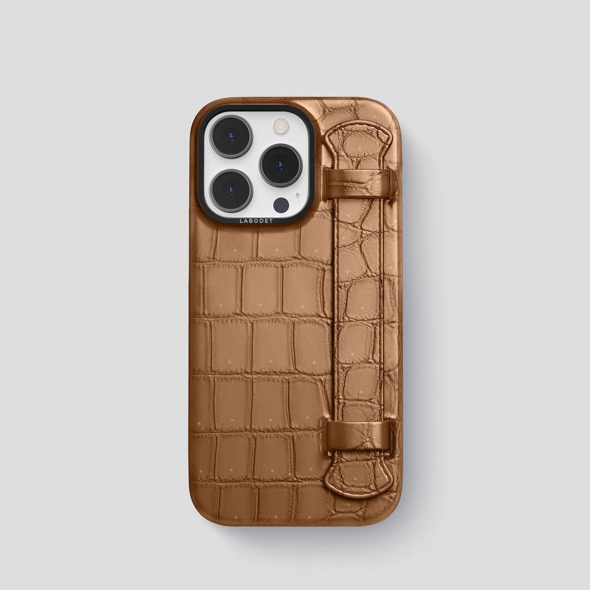 Milk-Chocolate iPhone 15 Pro Strap Case Porosus Crocodile with Black Metal -1 | Milk-Chocolate-Black