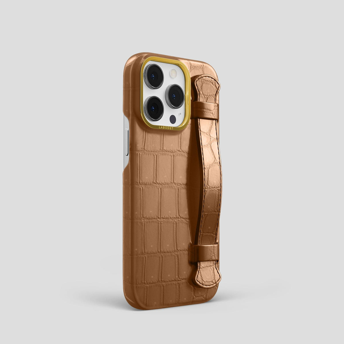Milk-Chocolate iPhone 15 Pro Strap Case Porosus Crocodile with Gold Metal -2 | Milk-Chocolate-Gold