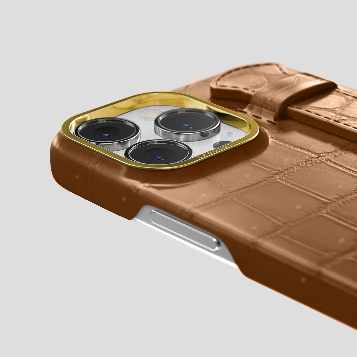 Milk-Chocolate iPhone 15 Pro Strap Case Porosus Crocodile with Gold Metal -6 | Milk-Chocolate-Gold