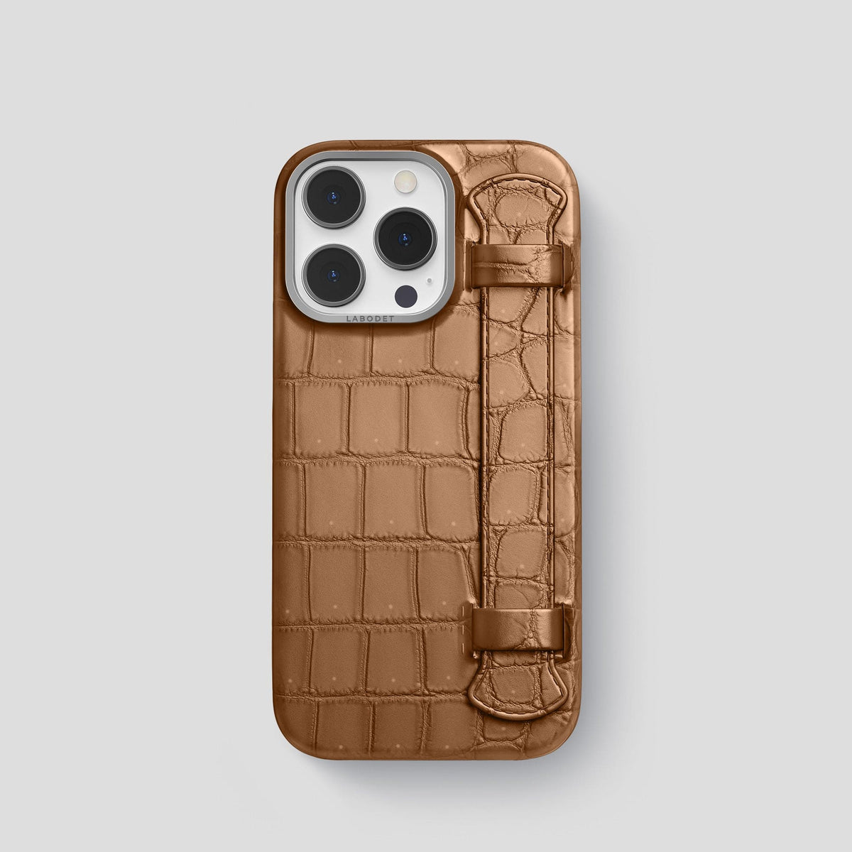 Milk-Chocolate iPhone 15 Pro Strap Case Porosus Crocodile with Steel Metal -1 | Milk-Chocolate-Steel