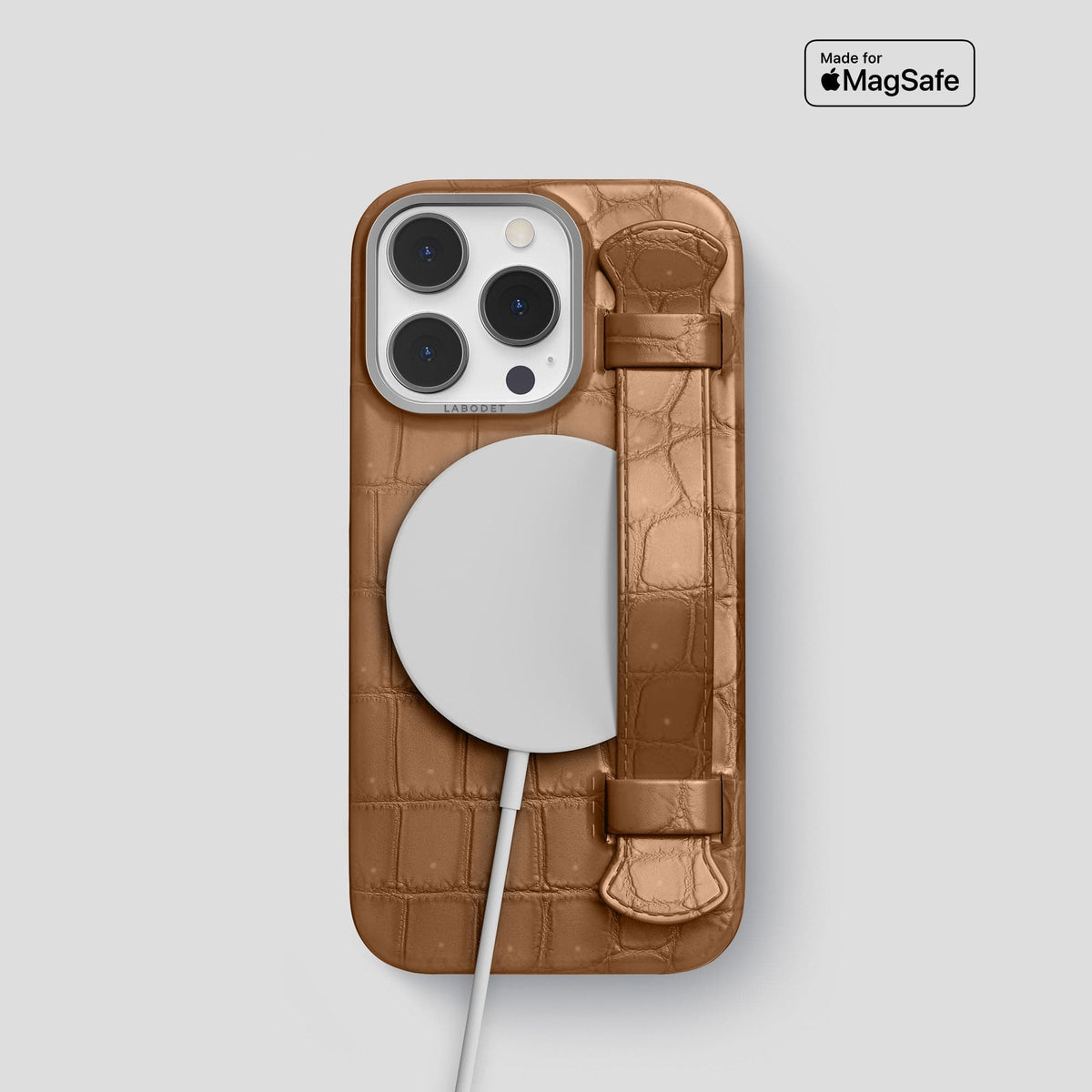 Milk-Chocolate iPhone 15 Pro Strap Case Porosus Crocodile with Steel Metal -5 | Milk-Chocolate-Steel