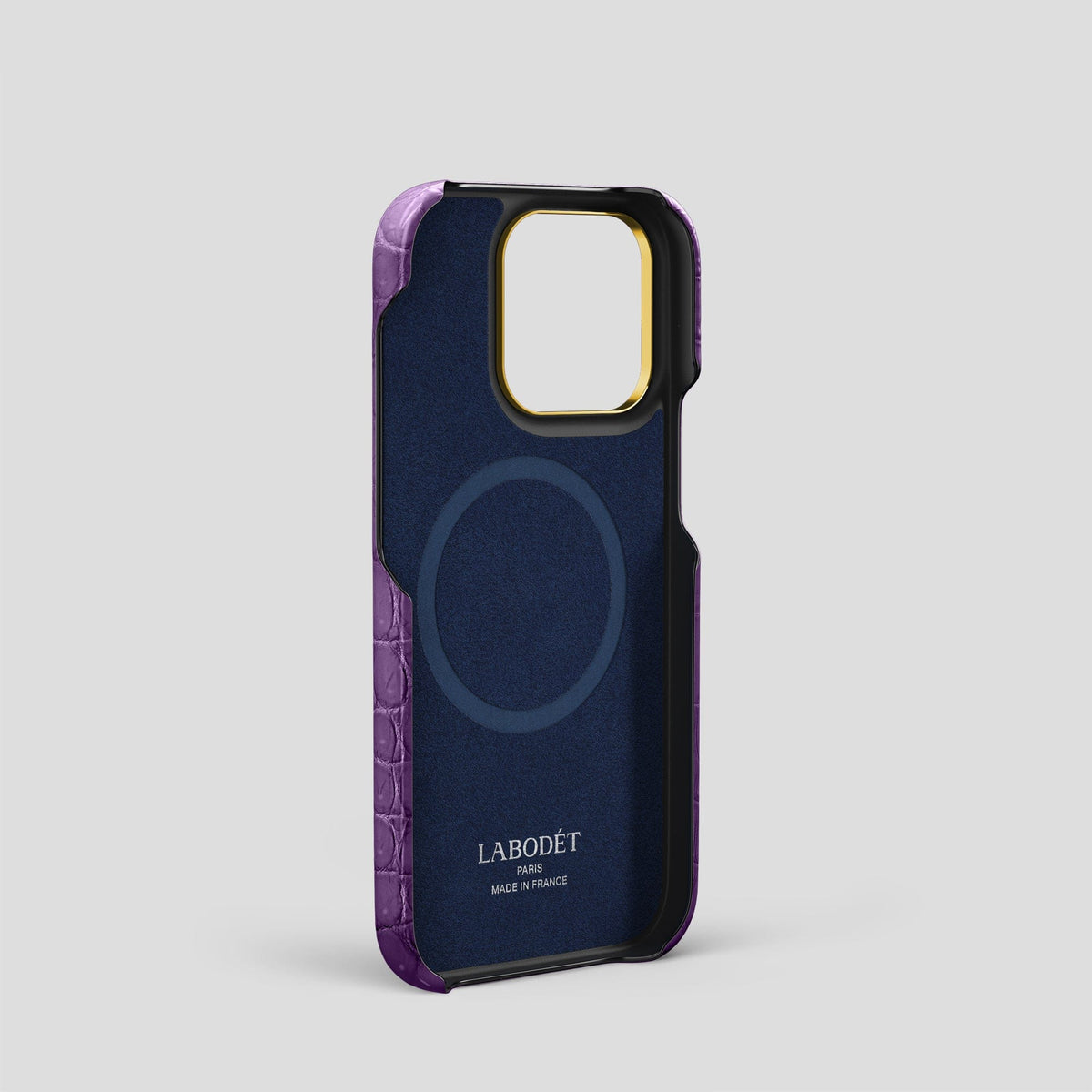 Purple iPhone 15 Pro Strap Case Porosus Crocodile with Gold Metal -4 | Purple-Gold