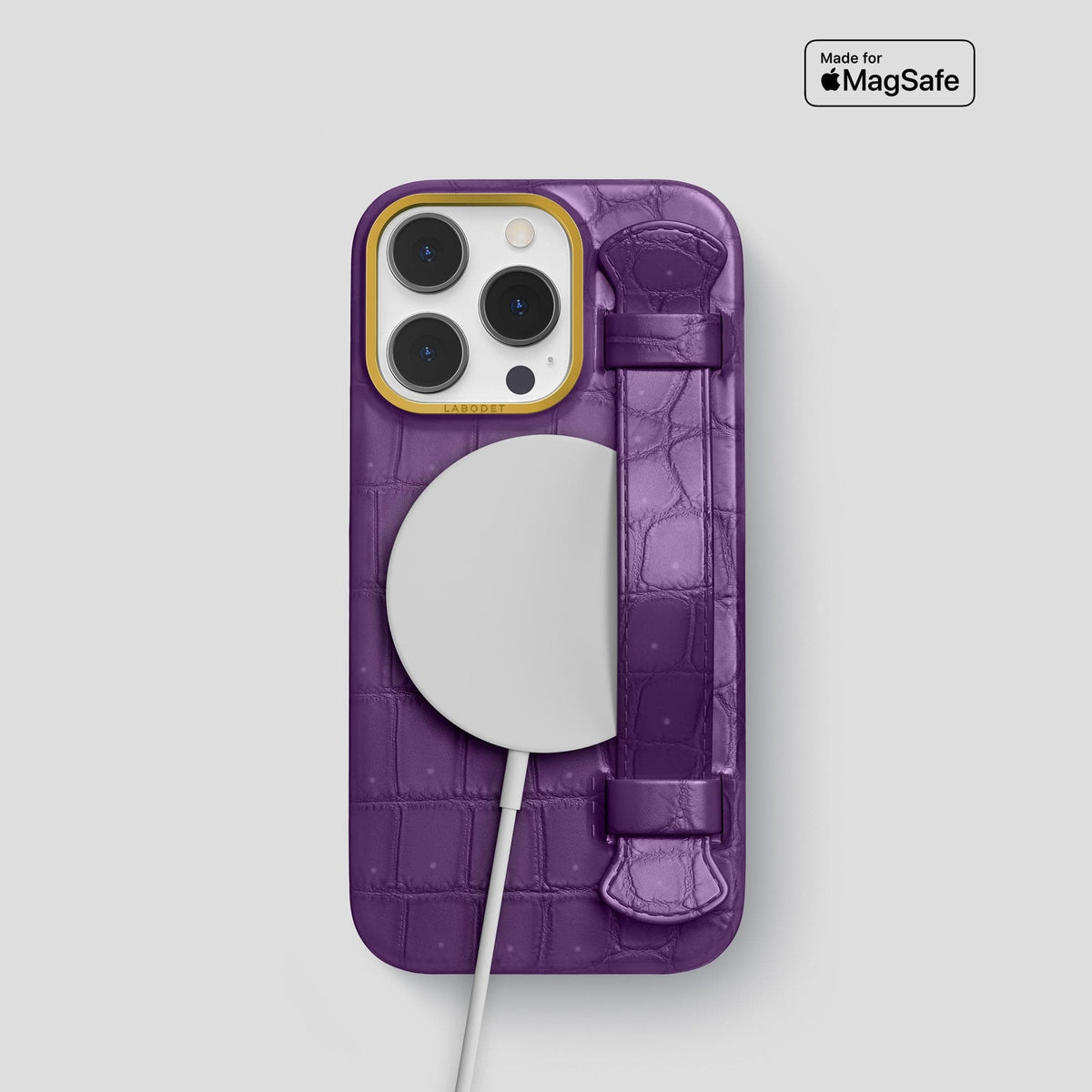 Purple iPhone 15 Pro Strap Case Porosus Crocodile with Gold Metal -5 | Purple-Gold