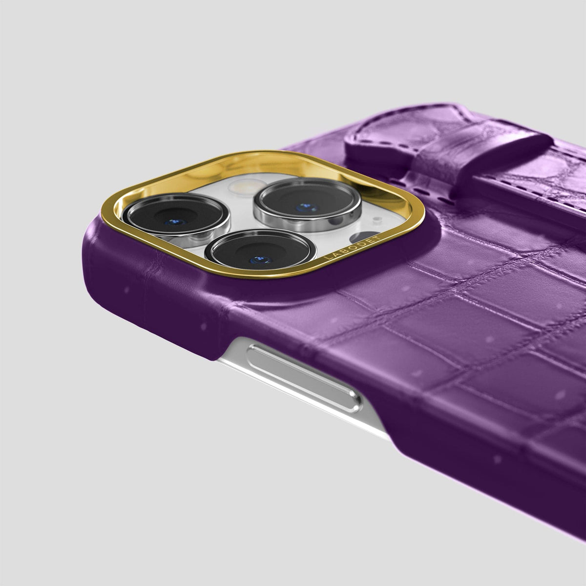 Purple iPhone 15 Pro Strap Case Porosus Crocodile with Gold Metal -6 | Purple-Gold