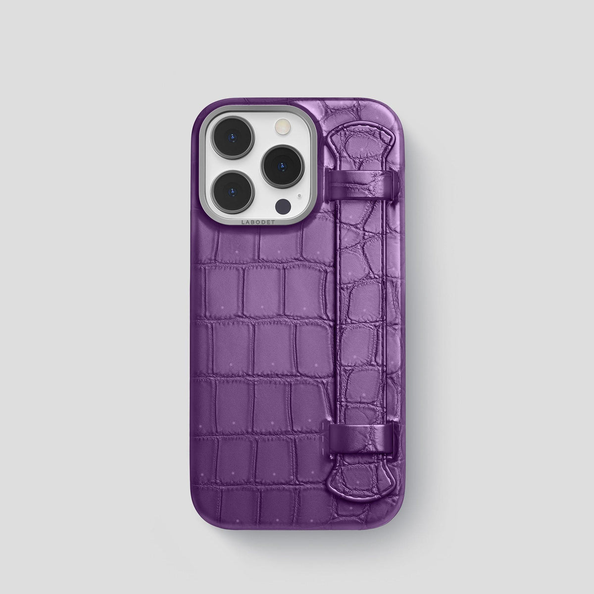 Purple iPhone 15 Pro Strap Case Porosus Crocodile with Steel Metal -1 | Purple-Steel