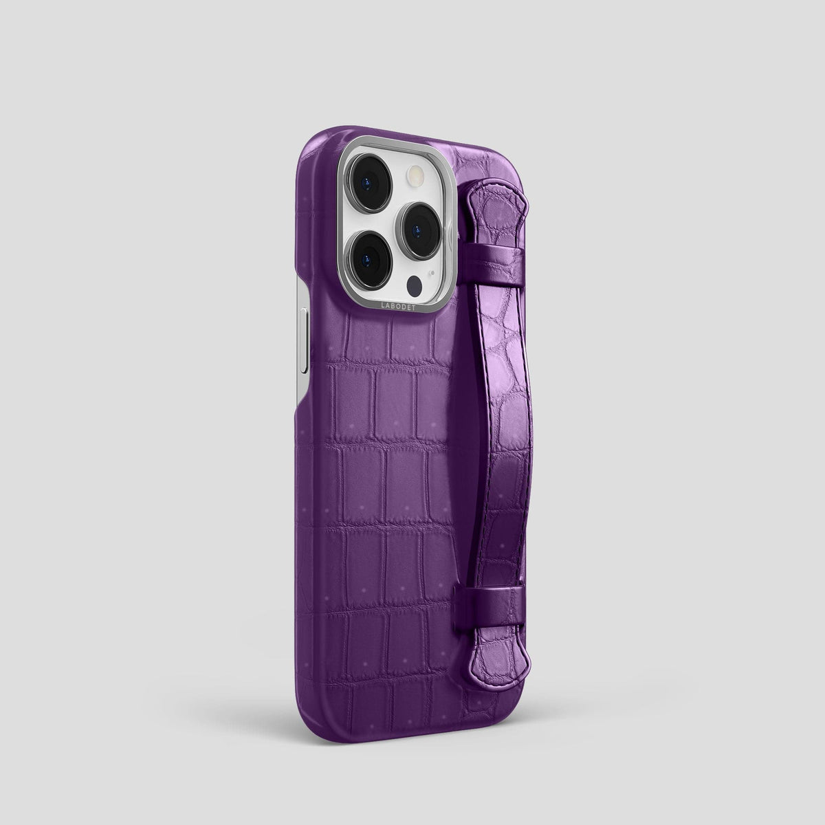 Purple iPhone 15 Pro Strap Case Porosus Crocodile with Steel Metal -2 | Purple-Steel