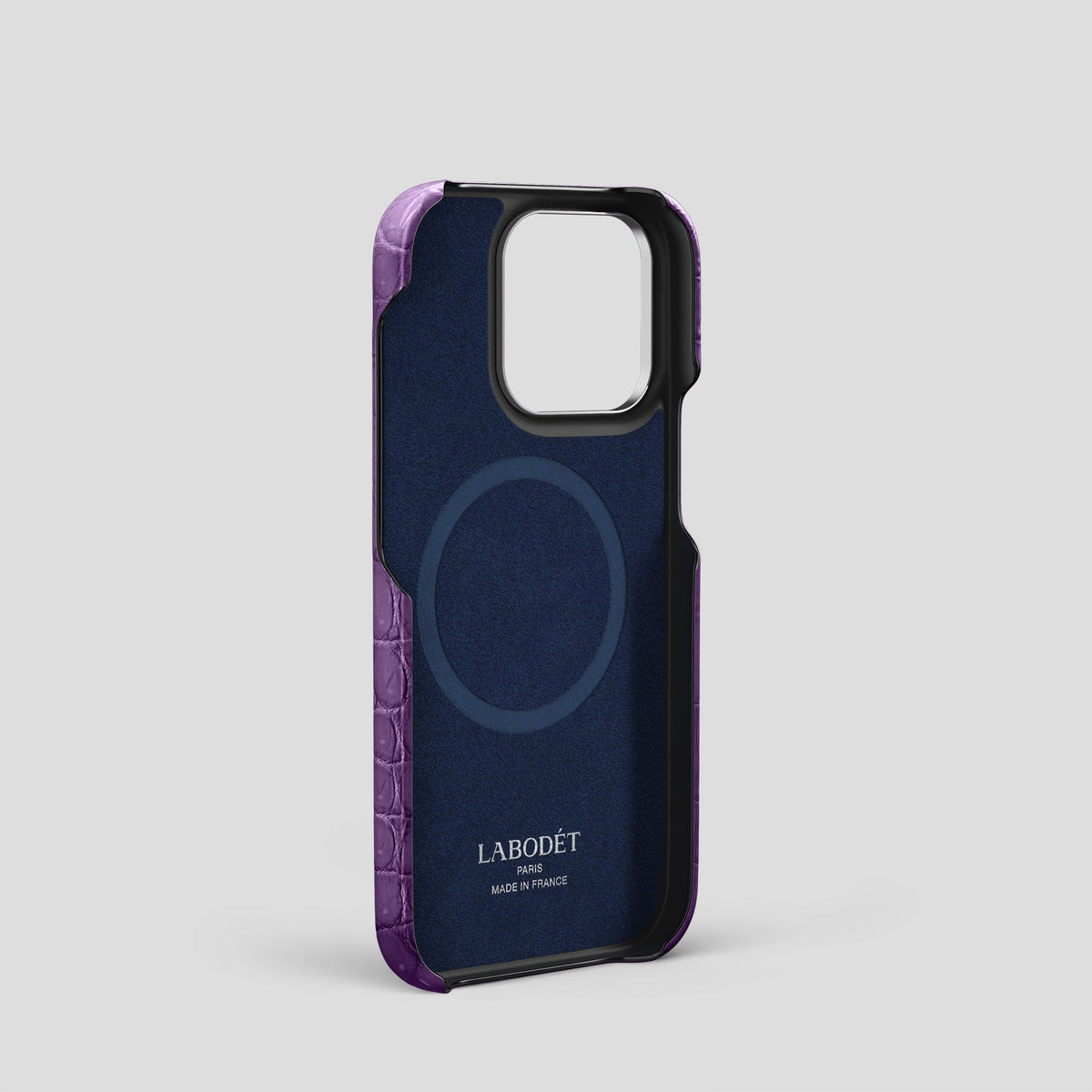 Purple iPhone 15 Pro Strap Case Porosus Crocodile with Steel Metal -4 | Purple-Steel
