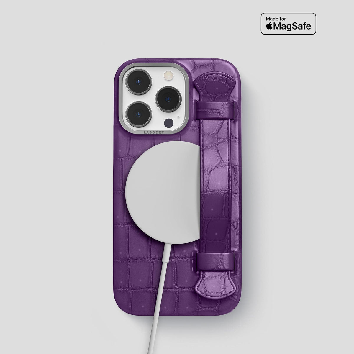 Purple iPhone 15 Pro Strap Case Porosus Crocodile with Steel Metal -5 | Purple-Steel