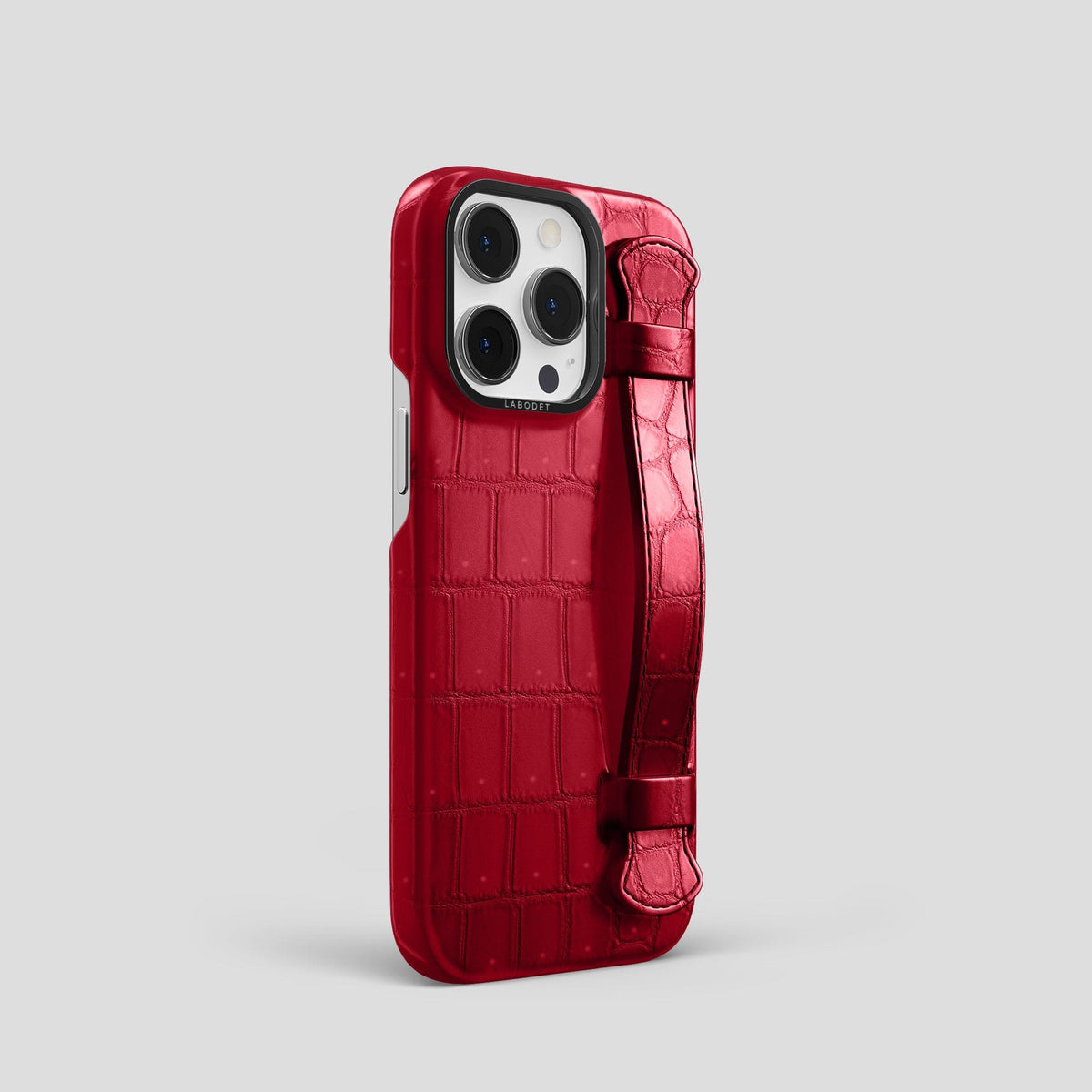 Burgundy iPhone 15 Pro Strap Case Porosus Crocodile with Black Metal -2 | Burgundy-Black