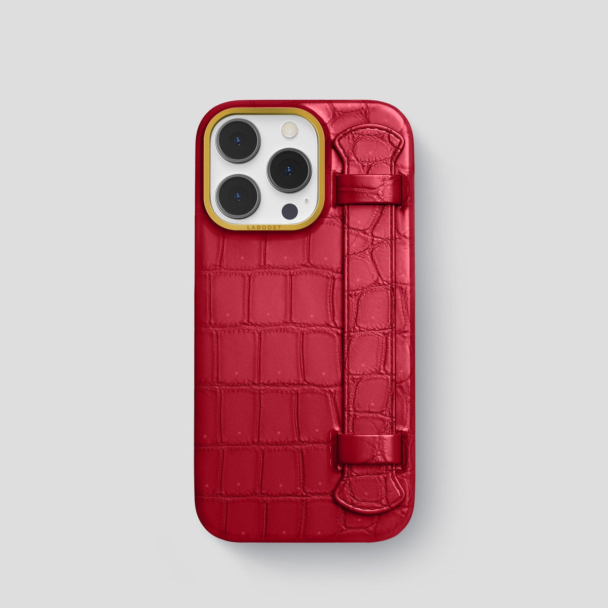 Burgundy iPhone 15 Pro Strap Case Porosus Crocodile with Gold Metal -1 | Burgundy-Gold