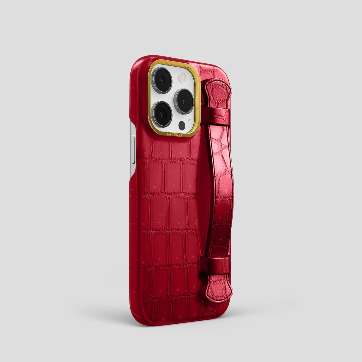 Burgundy iPhone 15 Pro Strap Case Porosus Crocodile with Gold Metal -2 | Burgundy-Gold