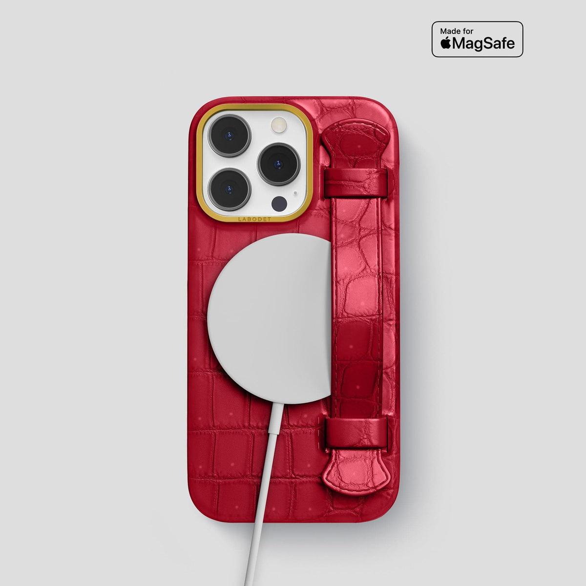 Burgundy iPhone 15 Pro Strap Case Porosus Crocodile with Gold Metal -5 | Burgundy-Gold