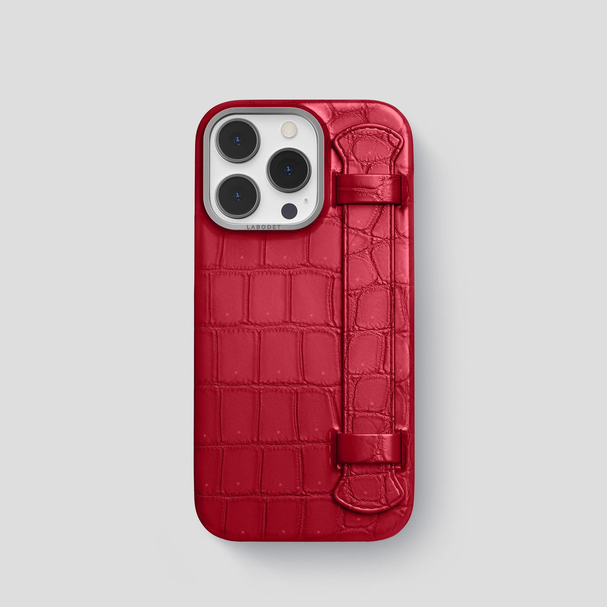 Burgundy iPhone 15 Pro Strap Case Porosus Crocodile with Steel Metal -1 | Burgundy-Steel