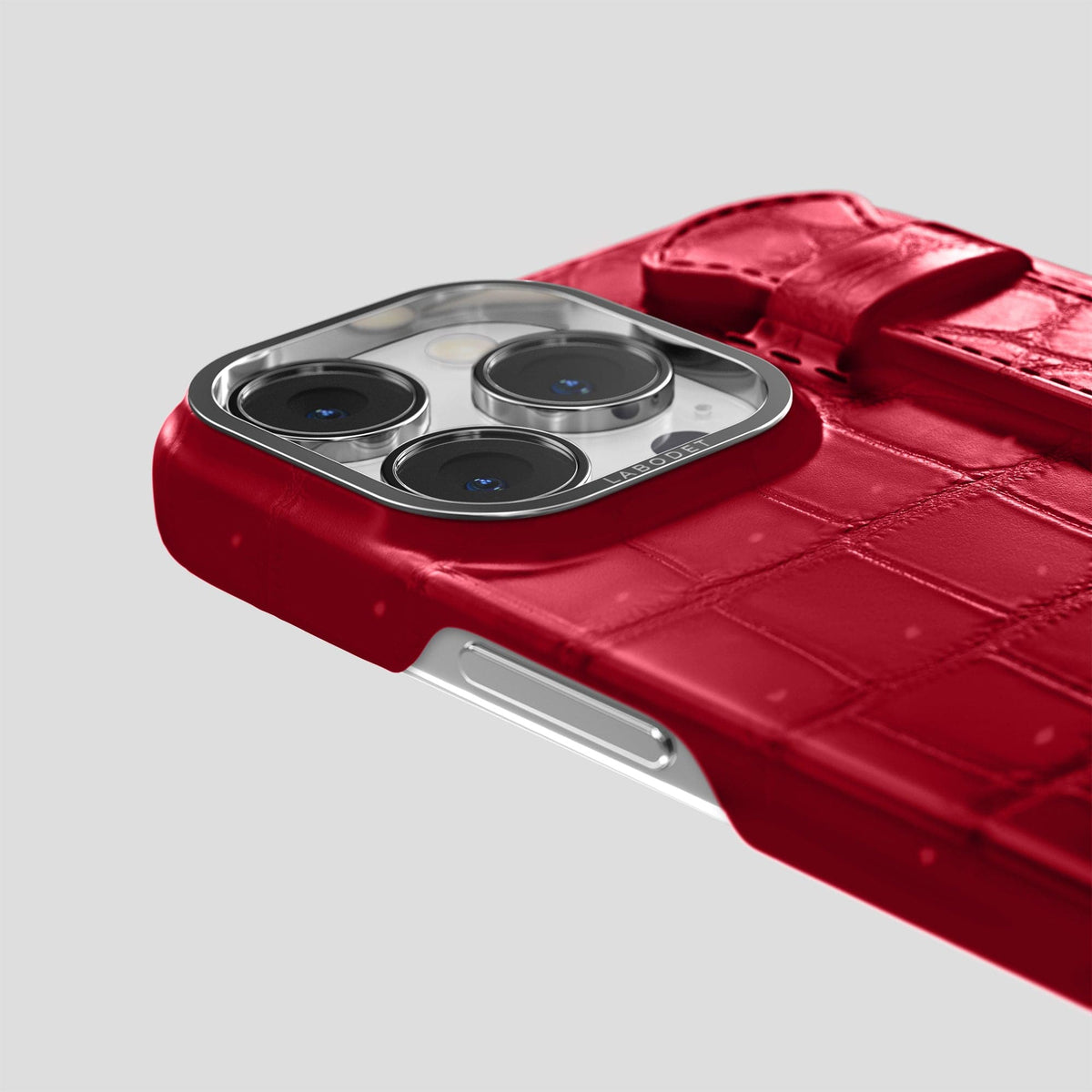 Burgundy iPhone 15 Pro Strap Case Porosus Crocodile with Steel Metal -6 | Burgundy-Steel