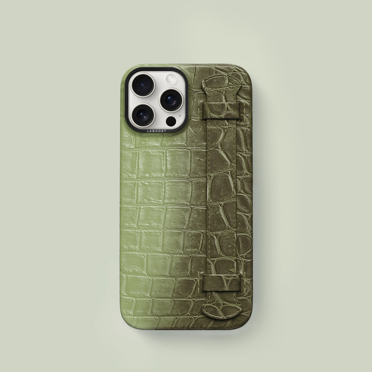 Celadon Green iPhone 16 Pro Handle Case Himalayan Crocodile with Black Metal -1 | Celadon-Green-Black