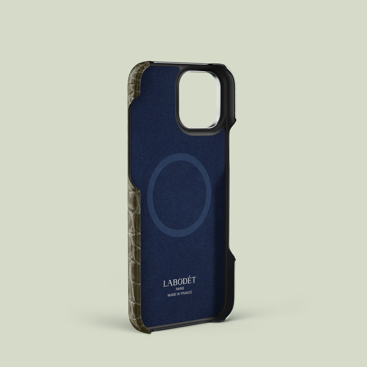 Celadon Green iPhone 16 Pro Handle Case Himalayan Crocodile with Steel Metal -2 | Celadon-Green-Steel