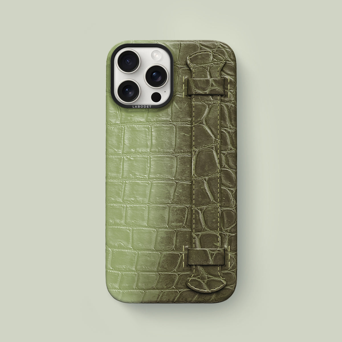 Celadon Green iPhone 16 Pro Max Handle Case Himalayan Crocodile with Black Metal -1 | Celadon-Green-Black