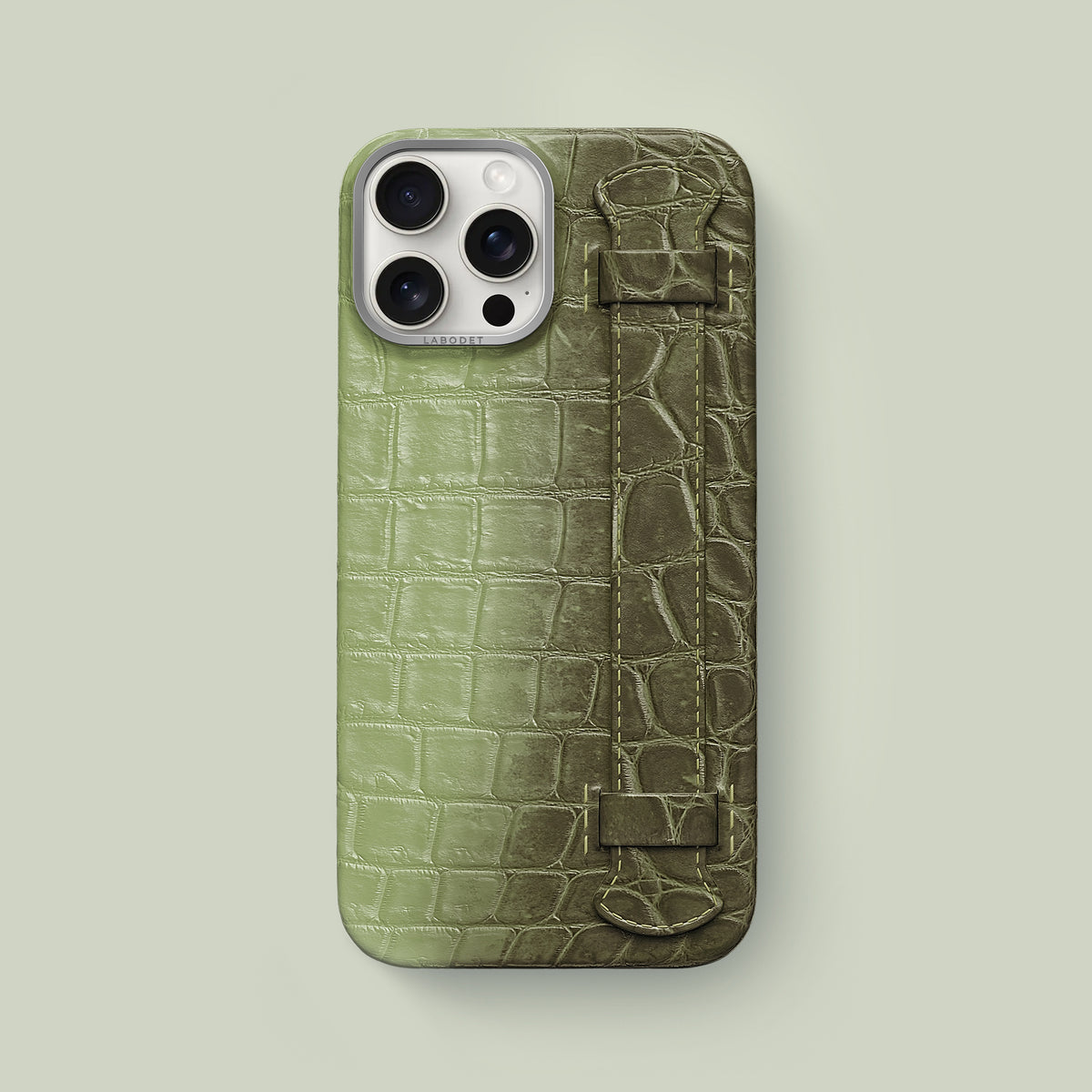 Celadon Green iPhone 16 Pro Max Handle Case Himalayan Crocodile with Steel Metal -1 | Celadon-Green-Steel