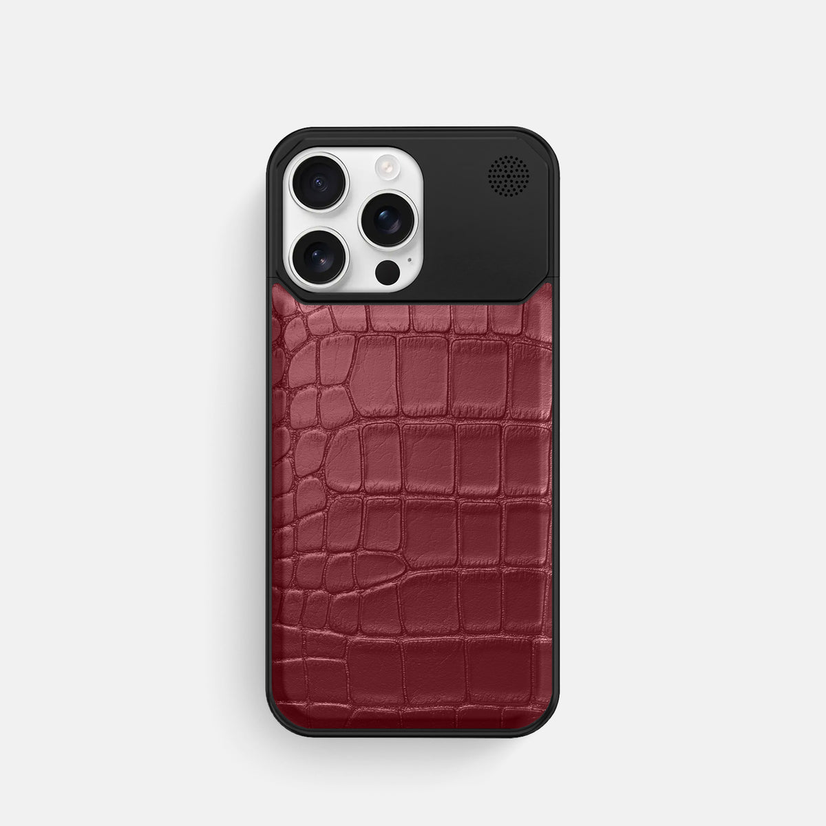 Burgundy iPhone 16 Pro Cyber Case In Alligator with Black Metal -1 | Burgundy-Black