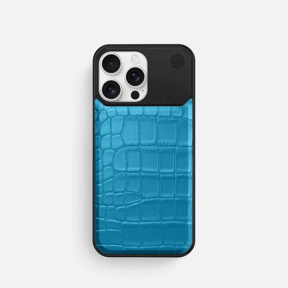 Curaçao-Blue iPhone 16 Pro Cyber Case In Alligator with Black Metal -1 | Curaçao-Blue-Black