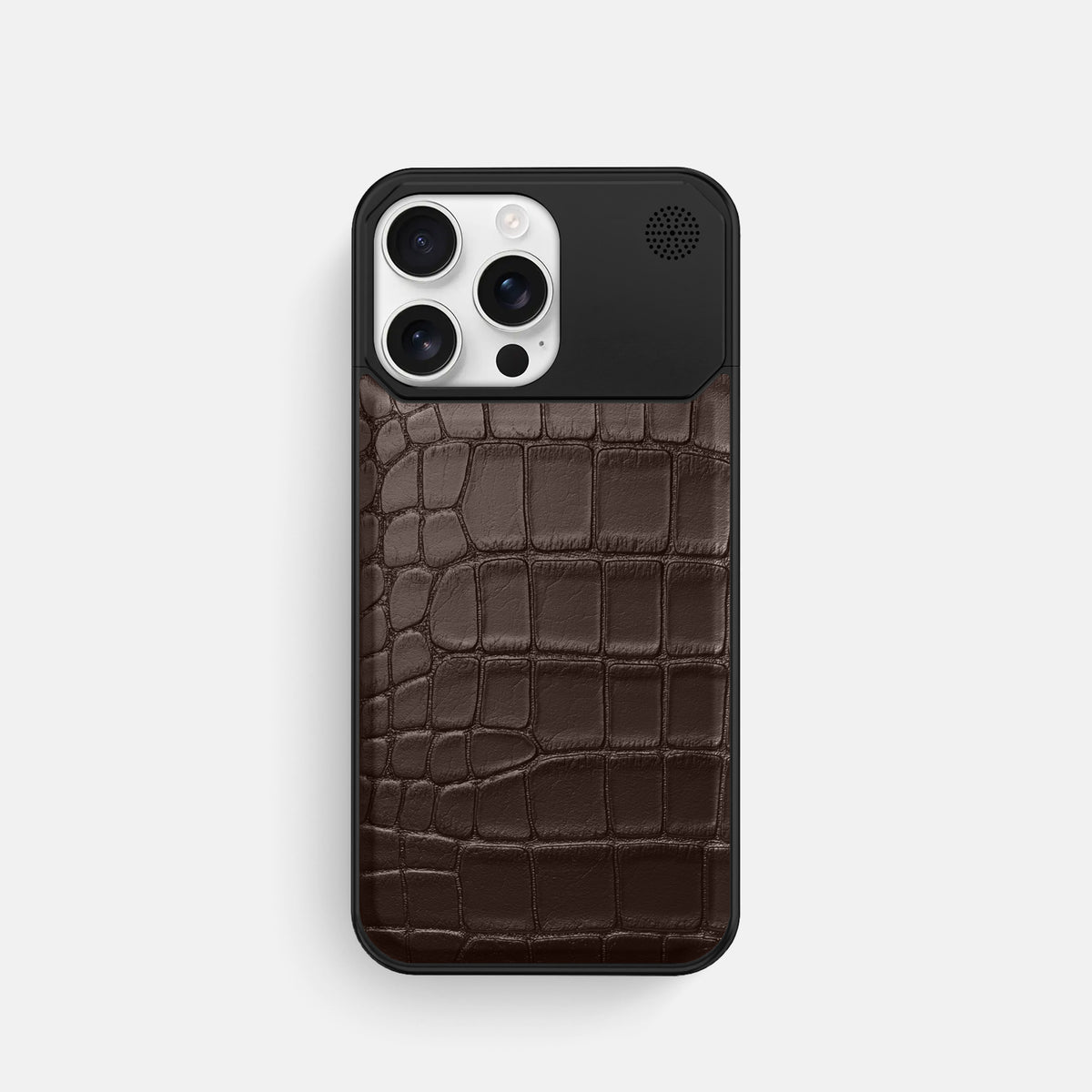 Dark-Brown iPhone 16 Pro Cyber Case In Alligator with Black Metal -1 | Dark-Brown-Black