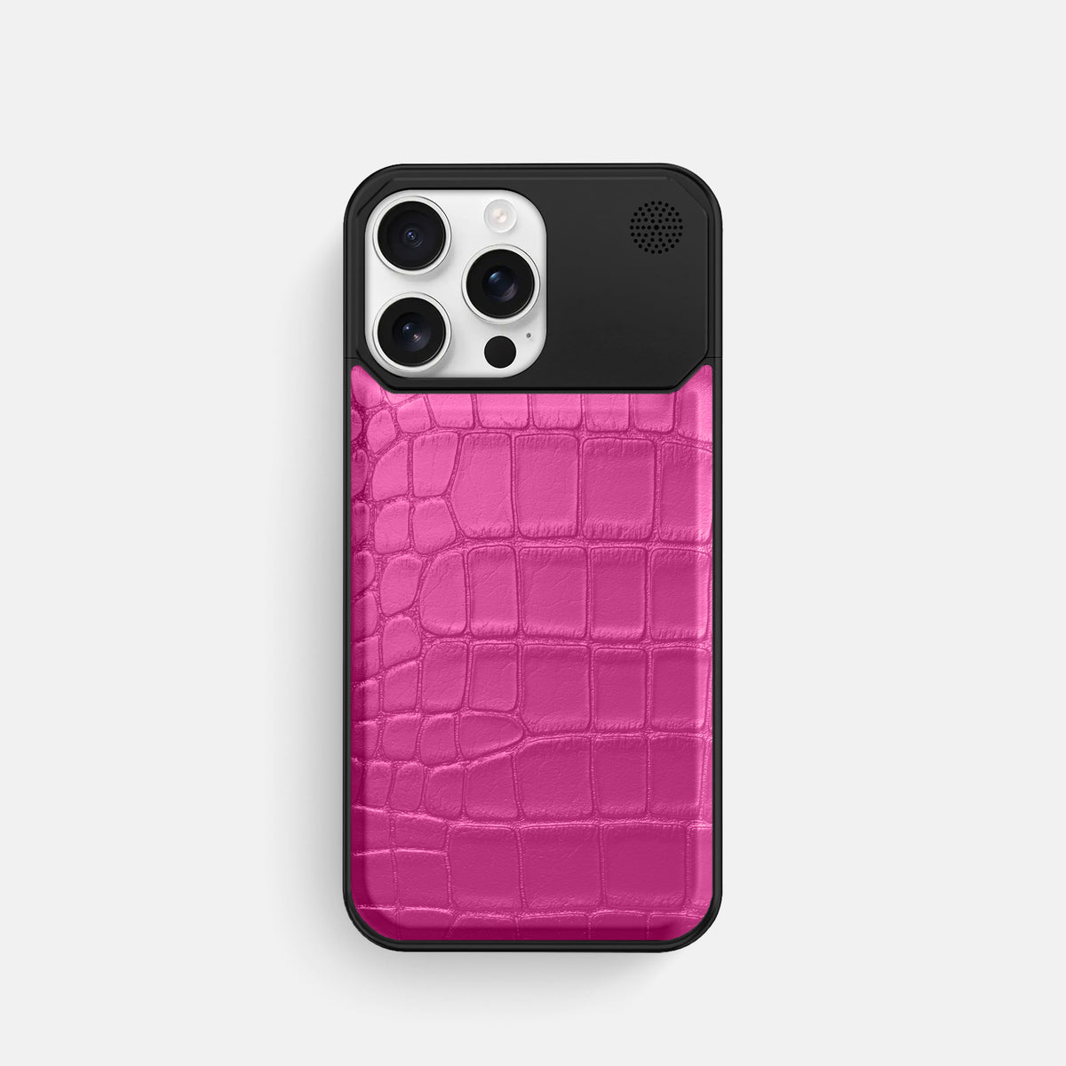 Fuchsia iPhone 16 Pro Cyber Case In Alligator with Black Metal -1 | Fuchsia-Black