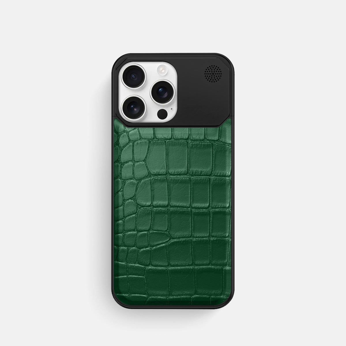 Forest-Green iPhone 16 Pro Cyber Case In Alligator with Black Metal -1 | Forest-Green-Black