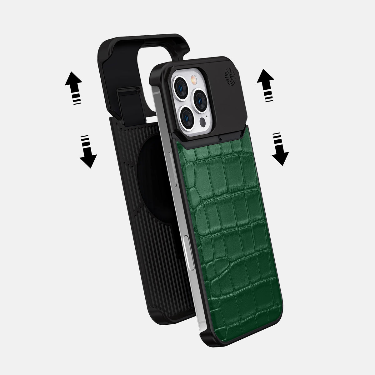 Forest-Green iPhone 16 Pro Cyber Case In Alligator with Black Metal -2 | Forest-Green-Black