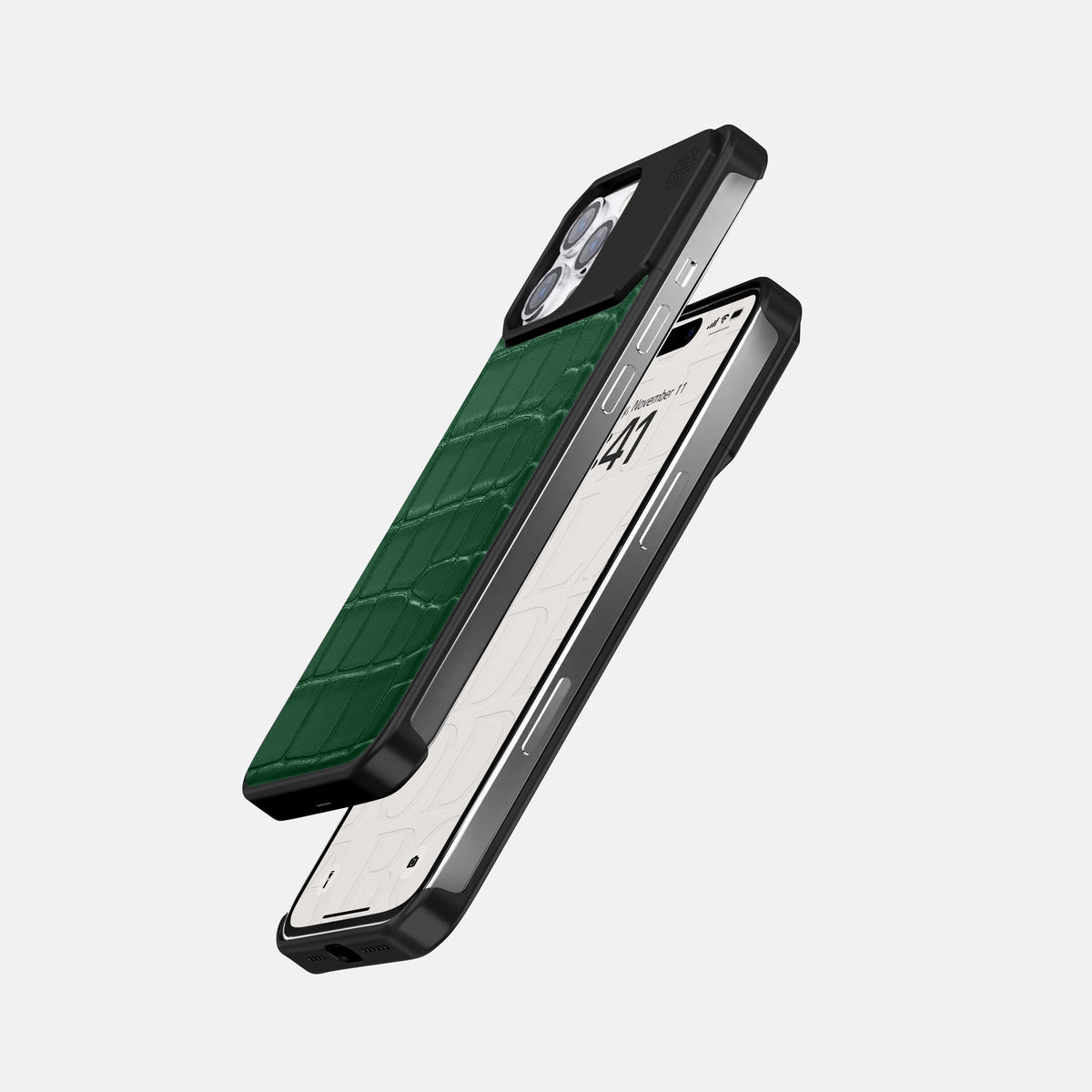 Forest-Green iPhone 16 Pro Cyber Case In Alligator with Black Metal -5 | Forest-Green-Black