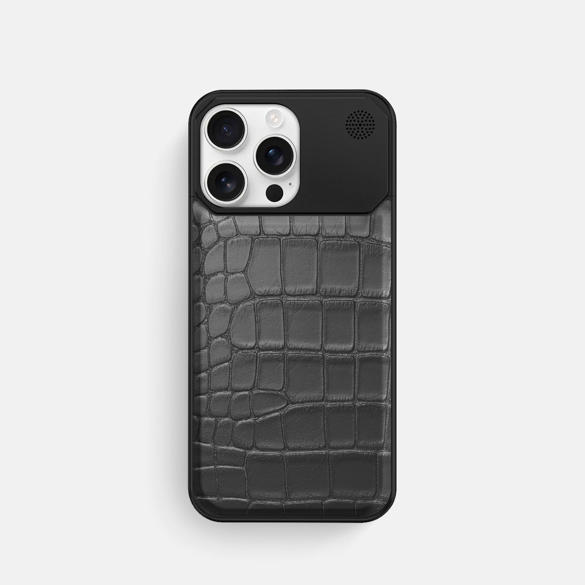 Grey iPhone 16 Pro Cyber Case In Alligator with Black Metal -1 | Grey-Black